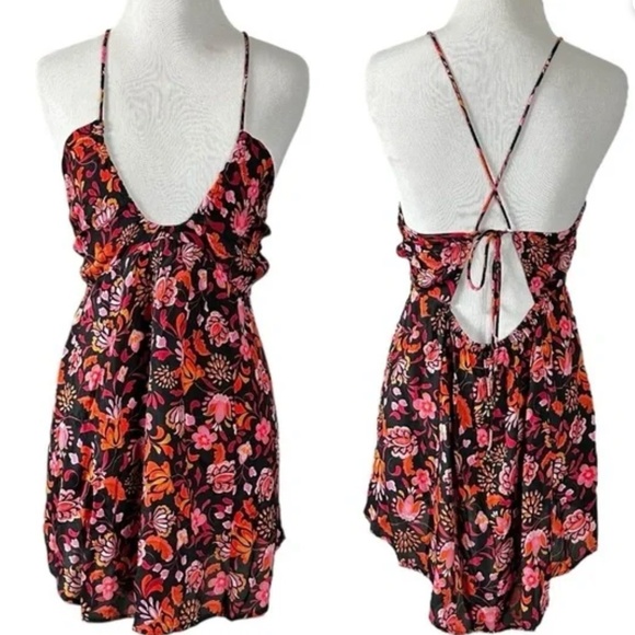 Free People Bohemian Gypsy Floral Halter Tunic Dress Beach Cover Up Bells XL - Picture 3 of 7